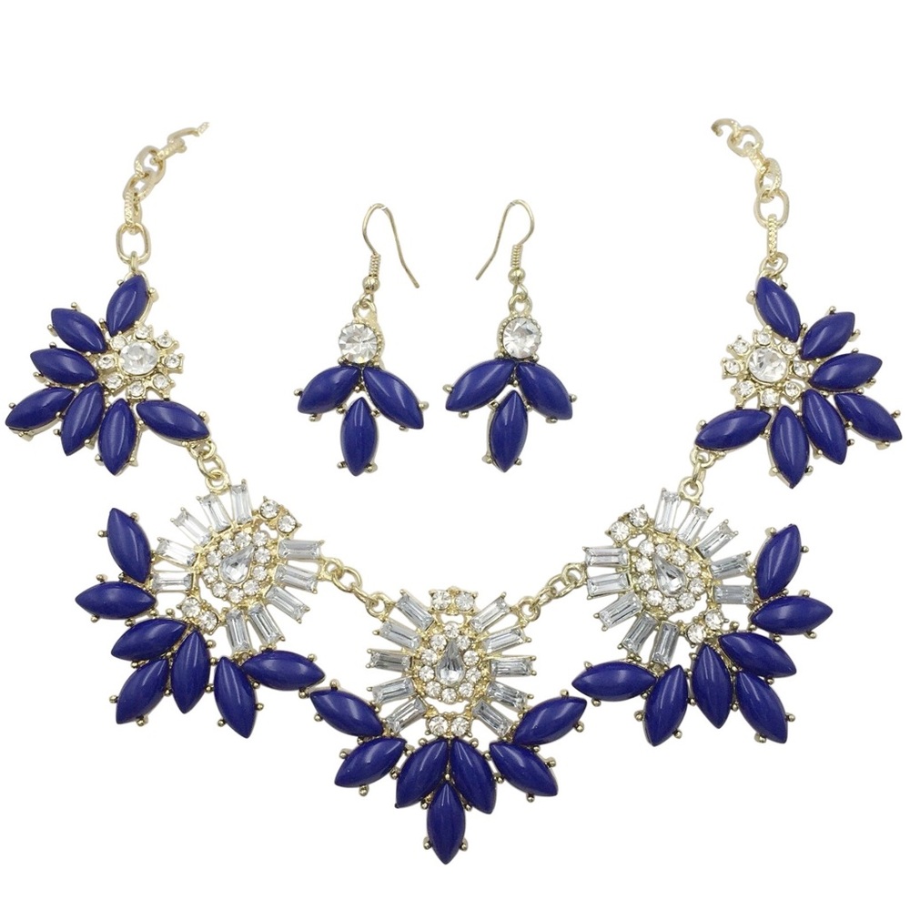 Dark Blue Flair Rhinestone Abstract Necklace Set